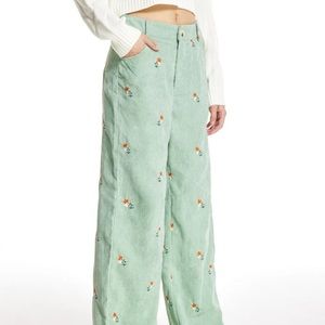 Cider Ditsy Floral Embroidery Corduroy Trousers Mint Green Size X-Small